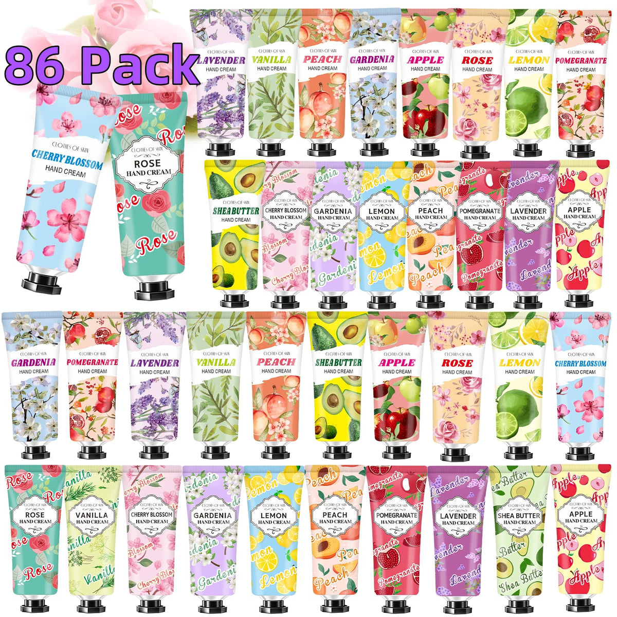 CLOTHES OF SKIN front packaging showing 86 travel-size hand cream tubes and benefits