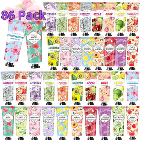 CLOTHES OF SKIN front packaging showing 86 travel-size hand cream tubes and benefits