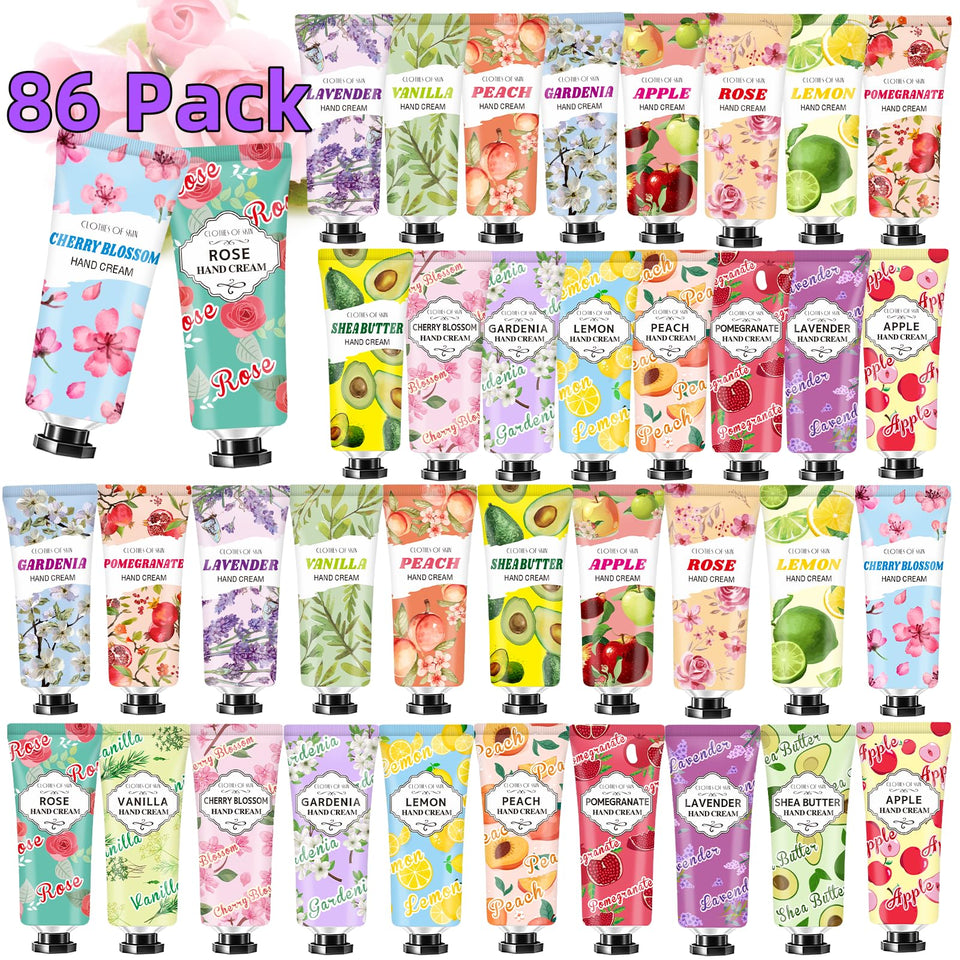 CLOTHES OF SKIN front packaging showing 86 travel-size hand cream tubes and benefits