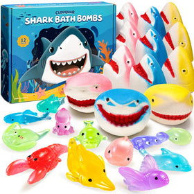 CLOUQUAR front packaging showing 12 shark bath bombs and colorful branding benefits surprise