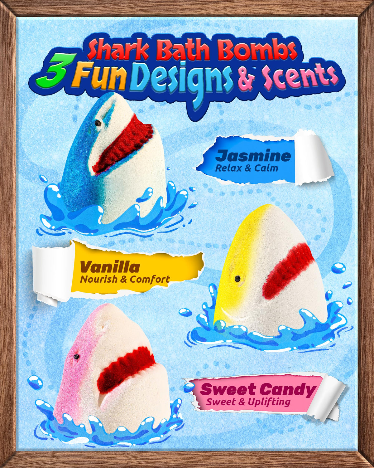 CLOUQUAR three shark designs displayed showing color variety and scent options for kids