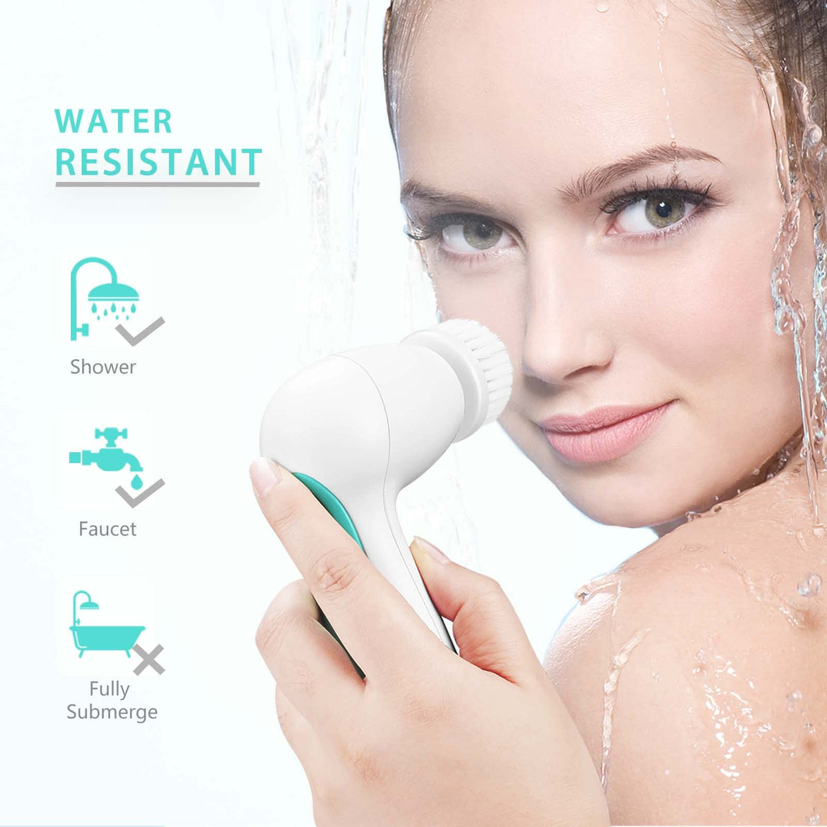 CLSEVXY in-shower use with water drops showing IPX5 splash resistance and safe wet use