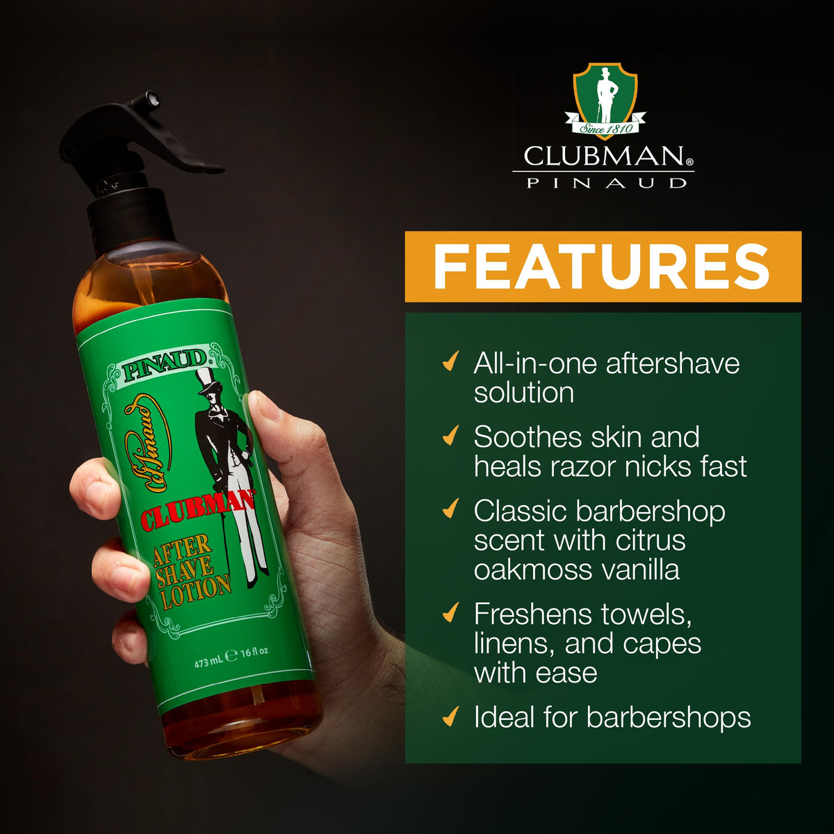 Clubman bottle held in hand for size comparison, convenient large volume