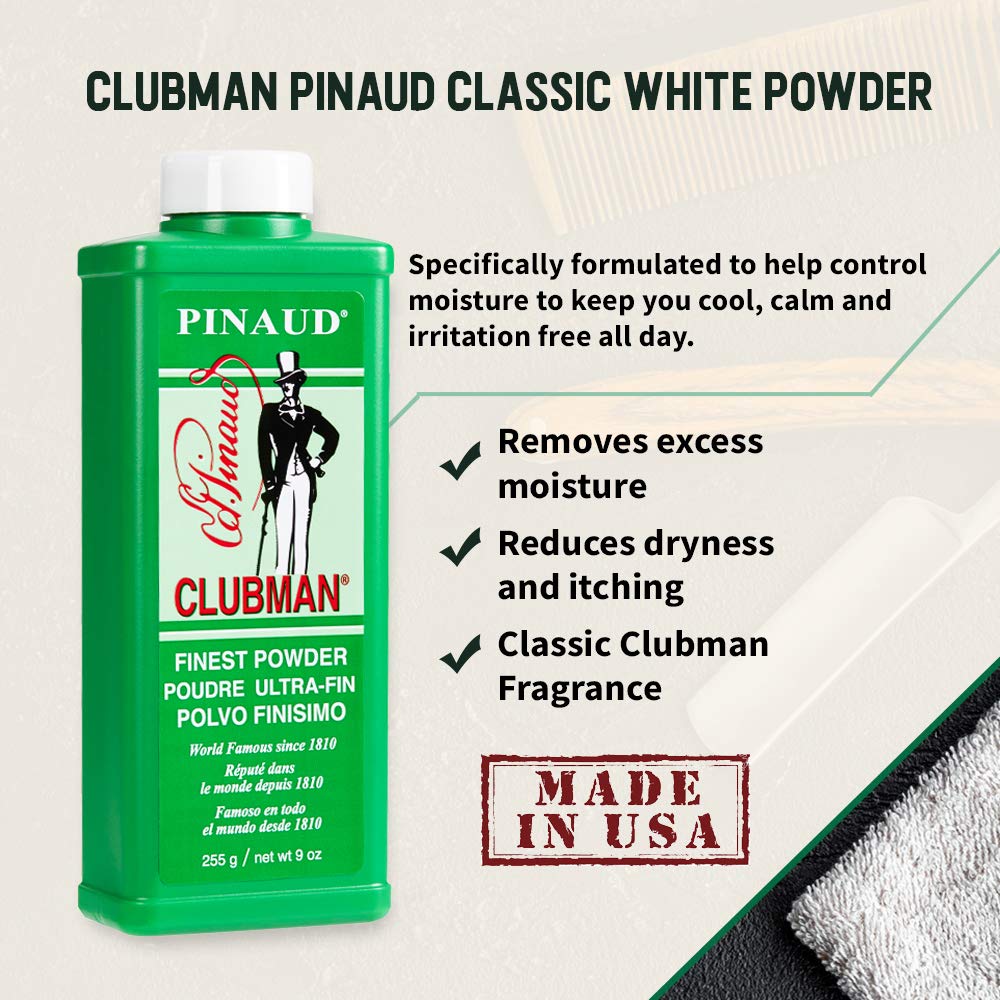Clubman powder being applied aftershave to chest illustrating cooling comfort and moisture control