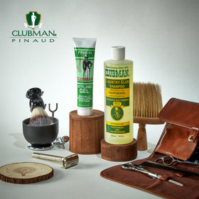 Clubman bottle staged in bathroom for polished grooming routine