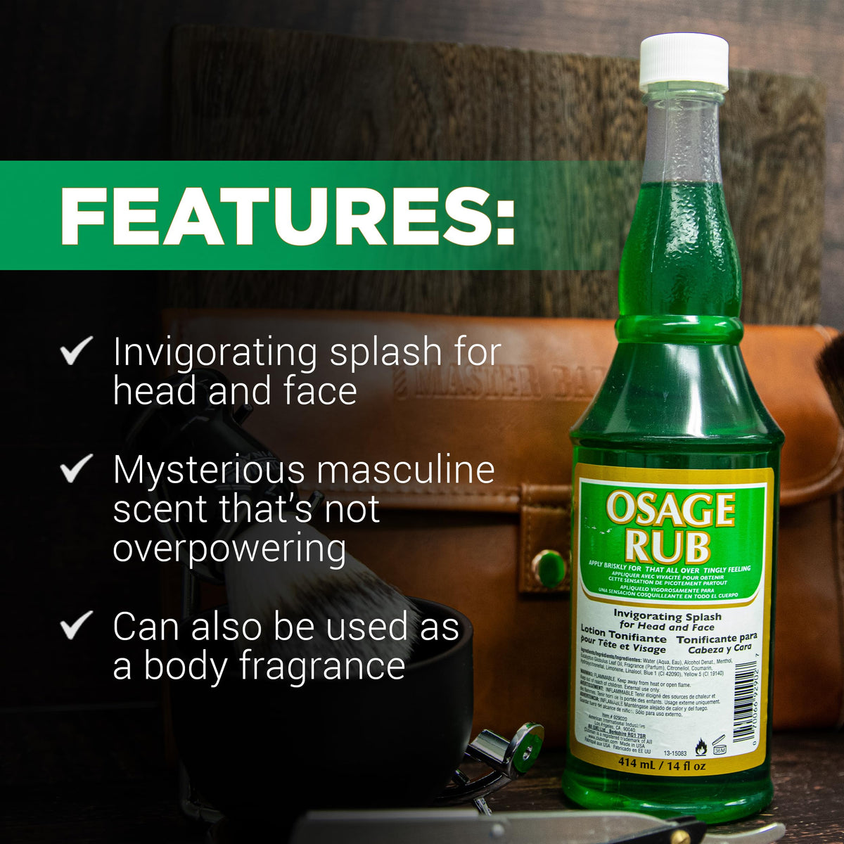 Clubman Jeris Osage Rub bottle held in hand to show 14 fl oz scale benefit