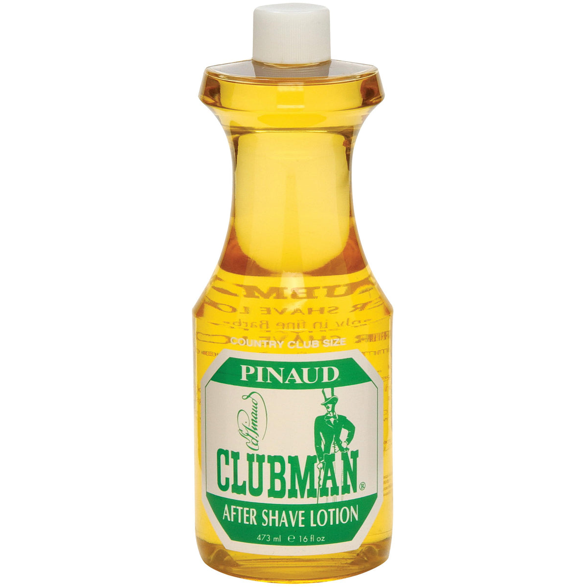 Clubman Pinaud front packaging showing bottle and cap, evokes classic barbershop feel and trust