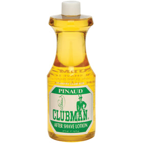 Clubman Pinaud front packaging showing bottle and cap, evokes classic barbershop feel and trust