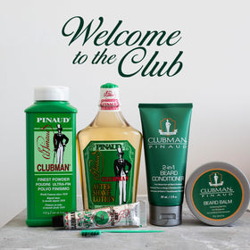 Clubman Pinaud placed on bathroom counter showing versatile grooming routine benefit