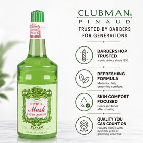 Clubman Pinaud bottle on bathroom shelf in lifestyle scene showing classic barber-shop appeal