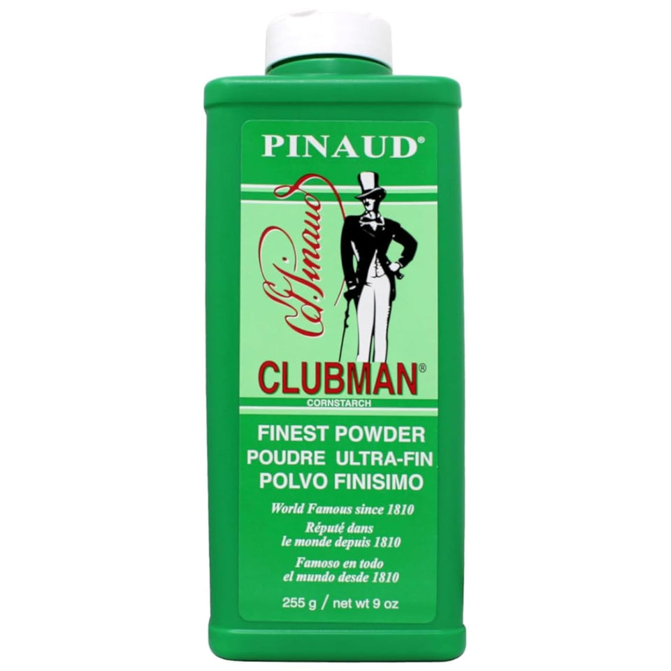 Clubman Pinaud front tin showing label and compact size benefit: easy storage