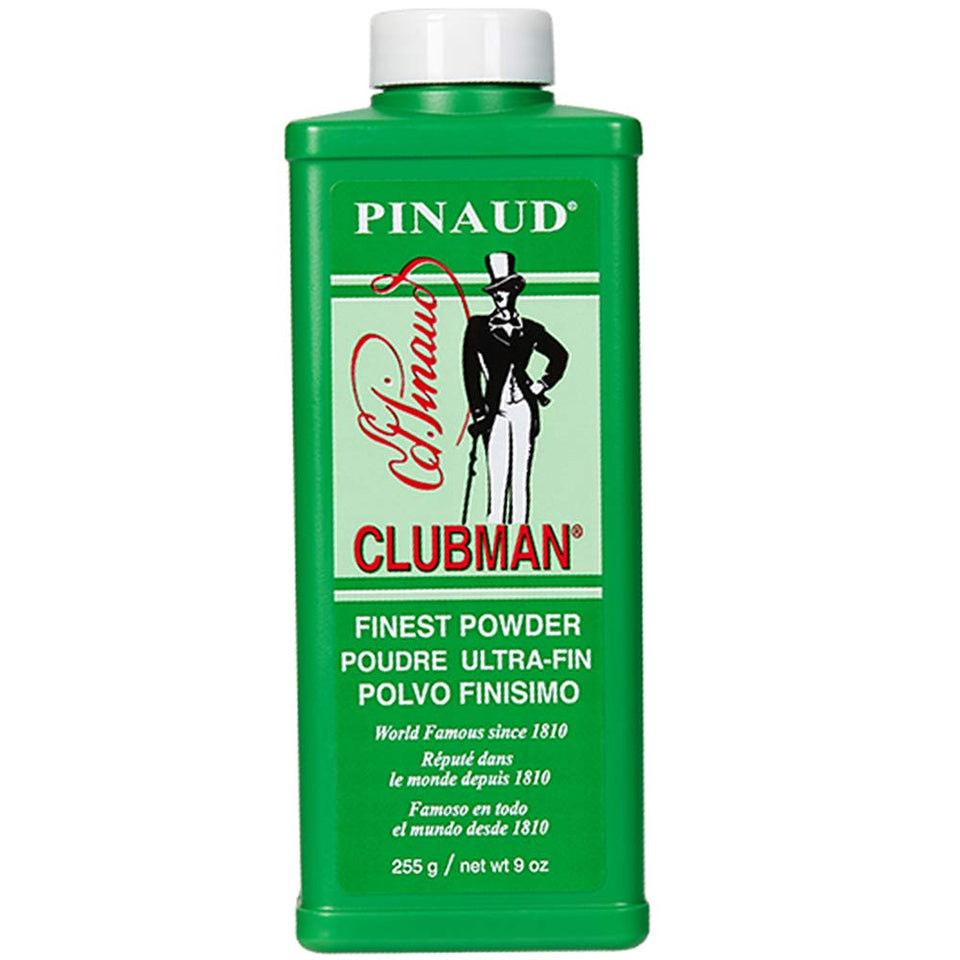 Clubman Pinaud front packaging showing 9 oz powder and classic label, boosts confidence