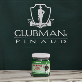 Clubman Pinaud label closeup displaying ingredients and alcohol-free benefit