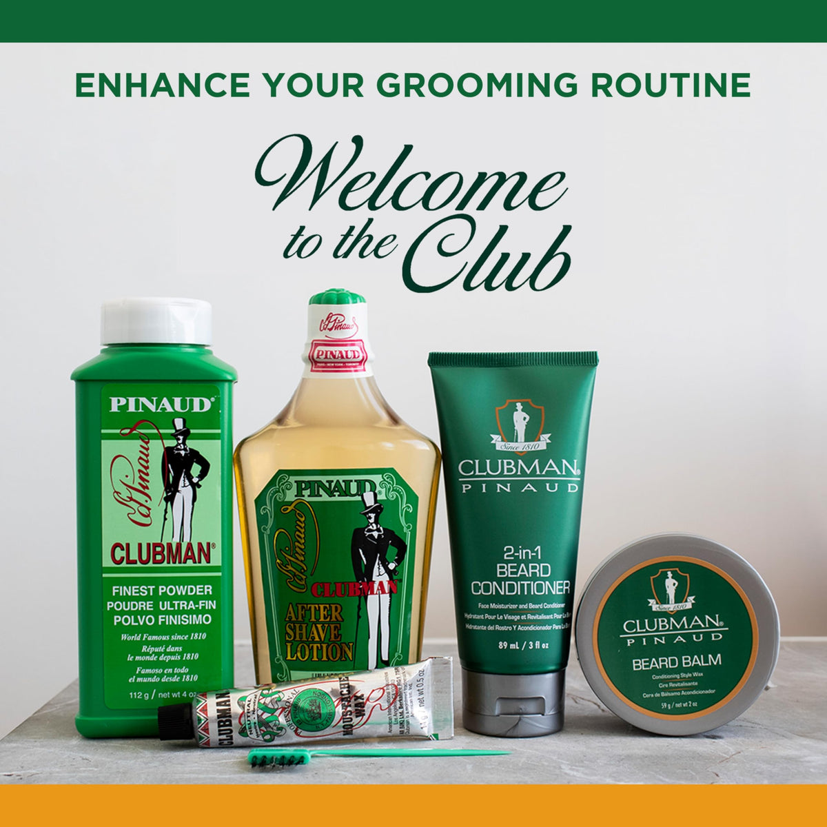 Clubman Pinaud on bathroom shelf among grooming tools showing routine convenience benefit