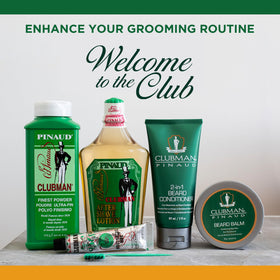 Clubman Pinaud on bathroom shelf among grooming tools showing routine convenience benefit