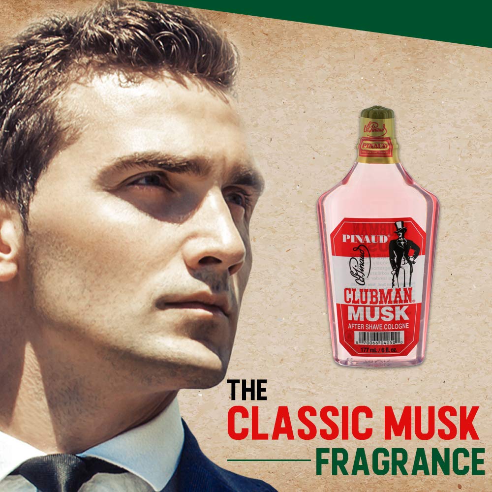 Clubman Pinaud label close-up highlighting musk scent and heritage benefit
