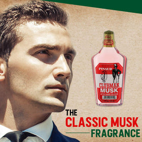 Clubman Pinaud label close-up highlighting musk scent and heritage benefit