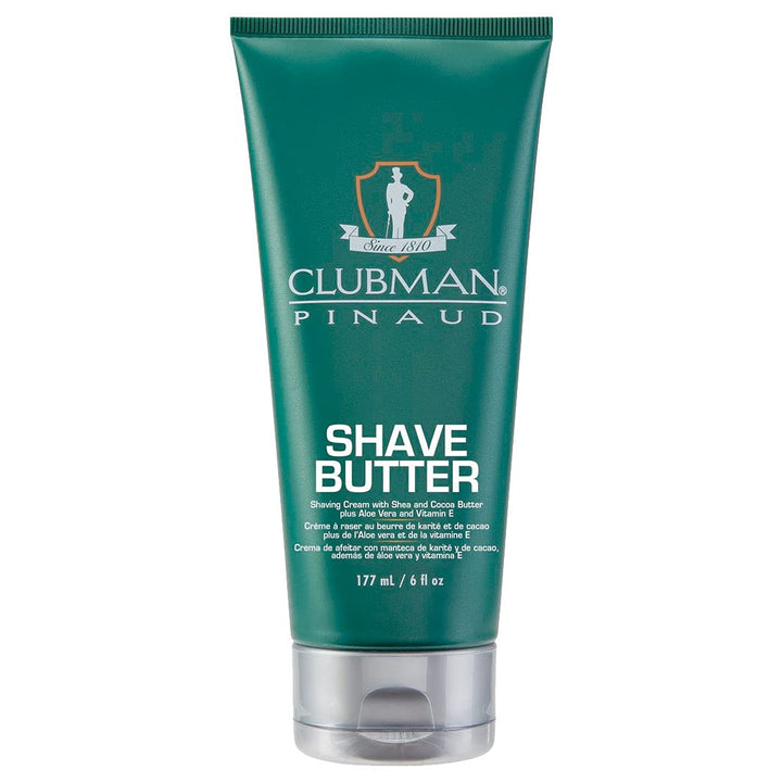 Clubman jar front view showing label and 6 oz size, promotes smooth moisturizing shave