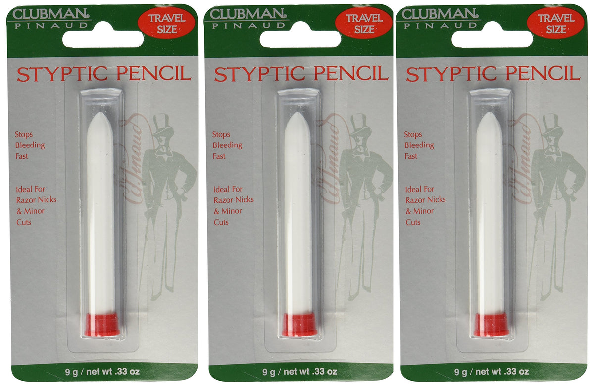 Clubman Pinaud travel styptic pencil front packaging showing pack of three for quick nick care