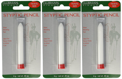 Clubman Pinaud travel styptic pencil front packaging showing pack of three for quick nick care