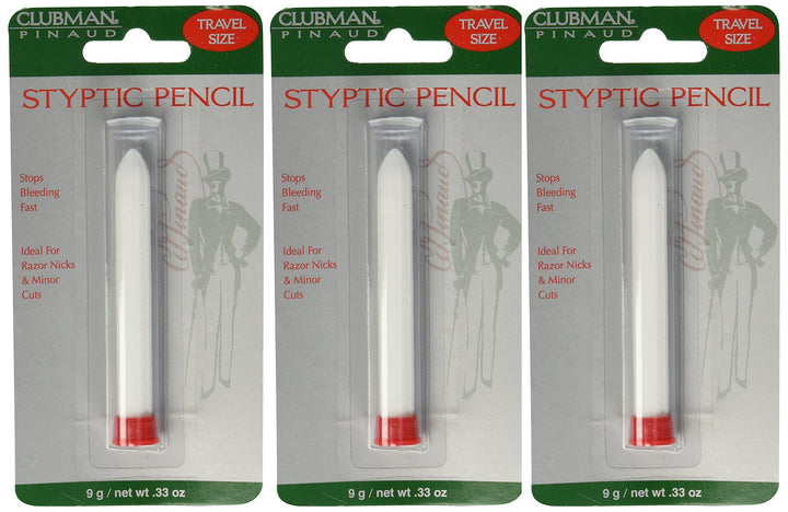 Clubman Pinaud travel styptic pencil front packaging showing pack of three for quick nick care