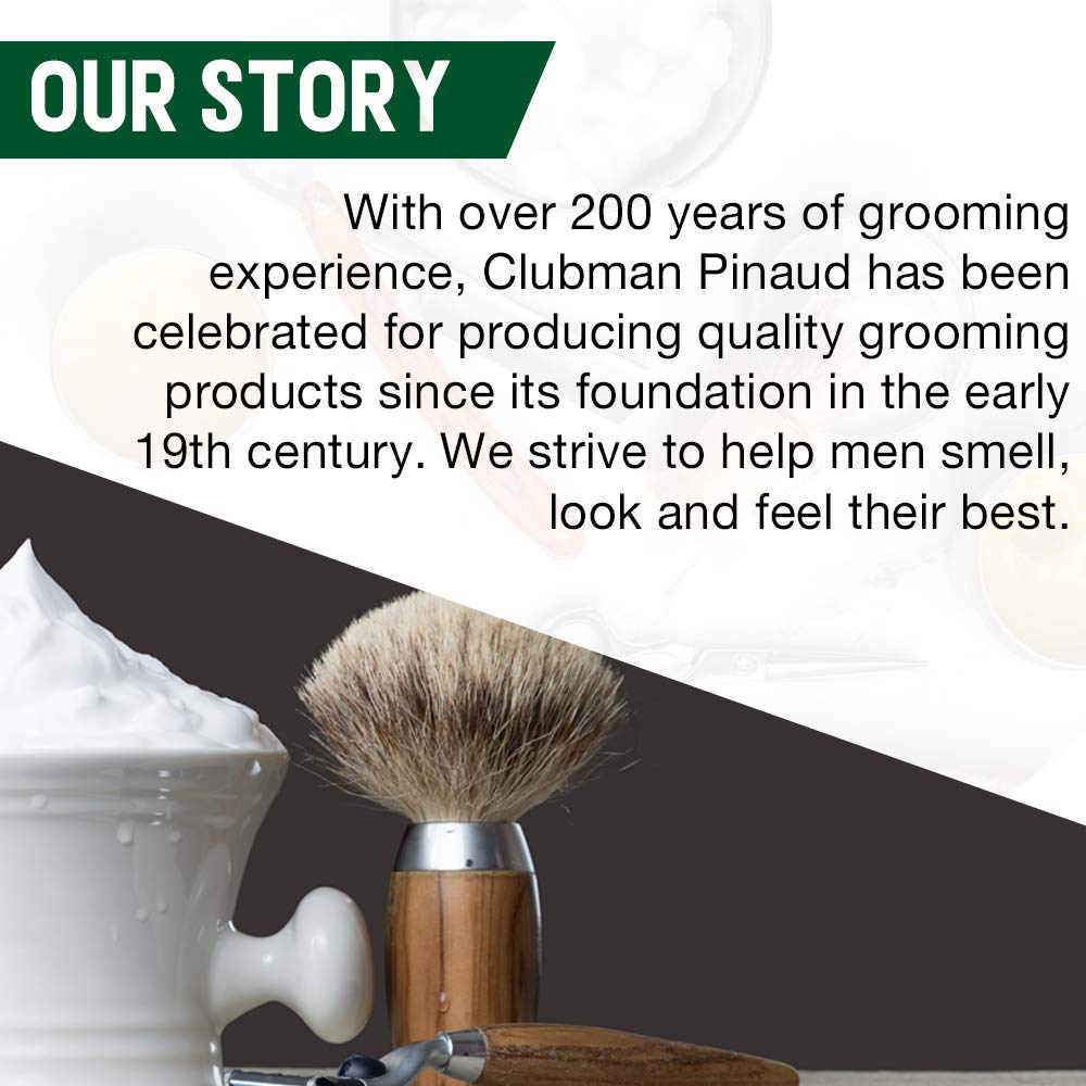 Clubman bottle on bathroom counter staged for grooming routine and style enhancement
