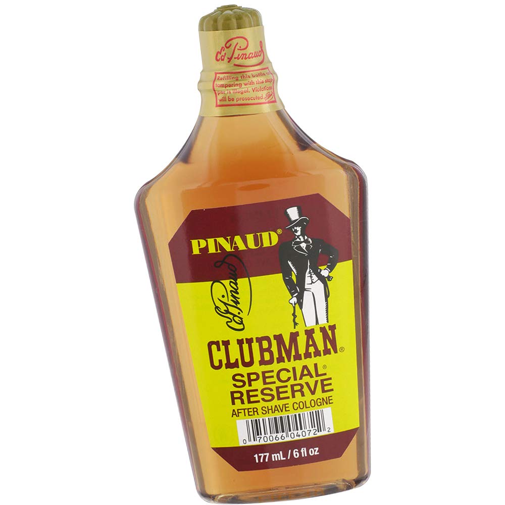 Clubman bottle front view showing sleek packaging and masculine look for confident grooming
