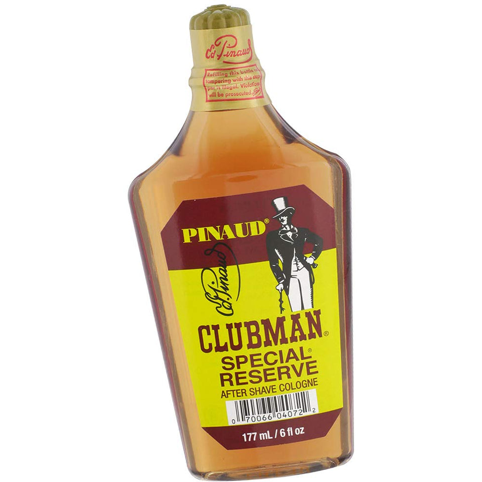 Clubman bottle front view showing sleek packaging and masculine look for confident grooming