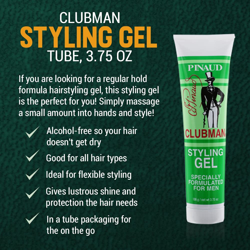 Model side profile with Clubman-styled hair showing defined, non-greasy finish and groomed look