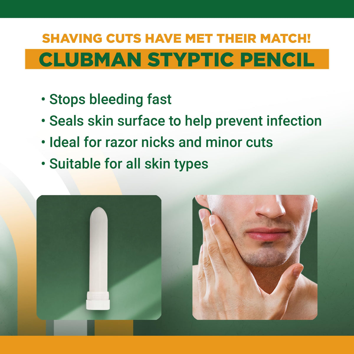 Applying Clubman styptic pencil to shaving nick showing quick spot care
