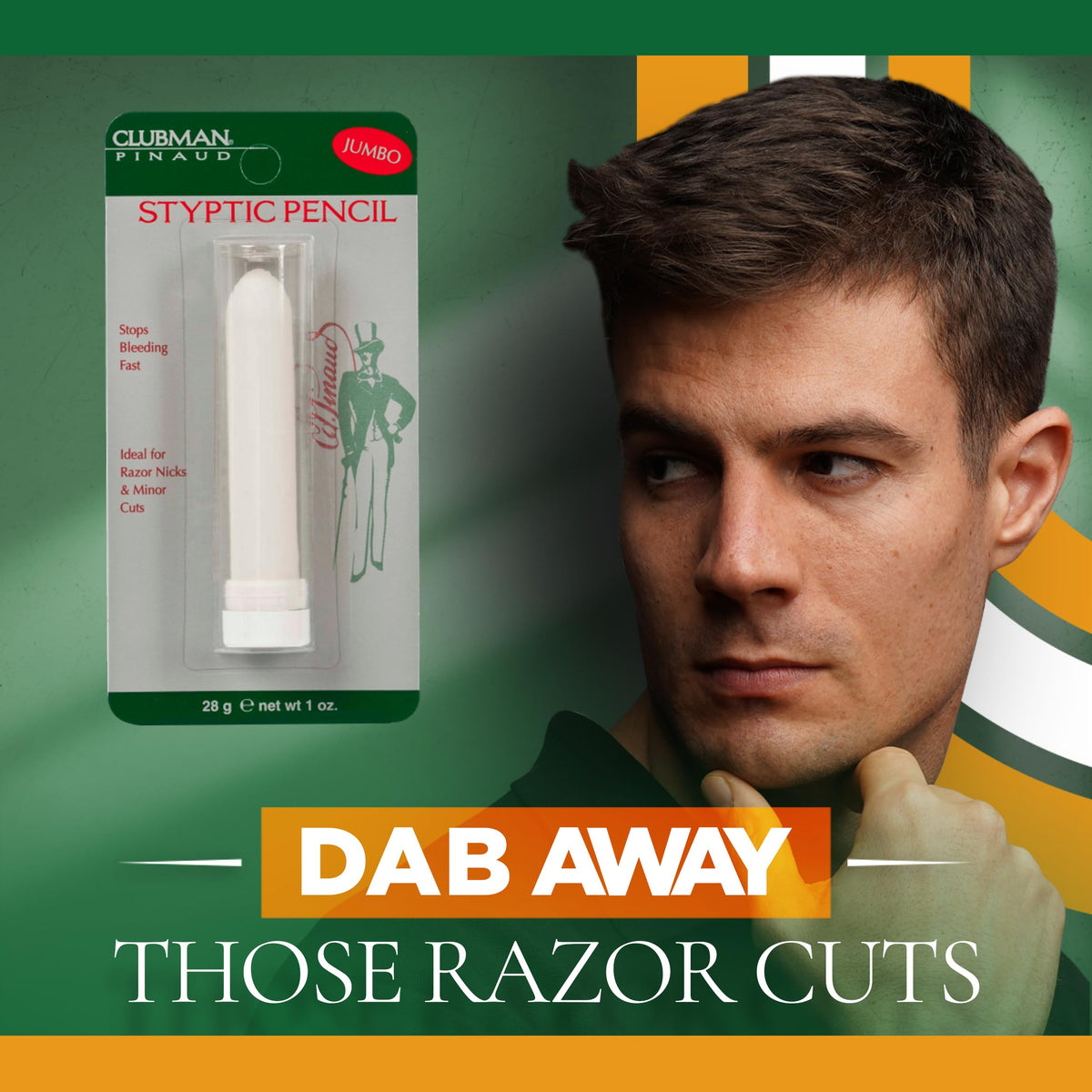 Close-up of Clubman styptic pencil tip highlighting easy-moisten application