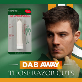 Close-up of Clubman styptic pencil tip highlighting easy-moisten application