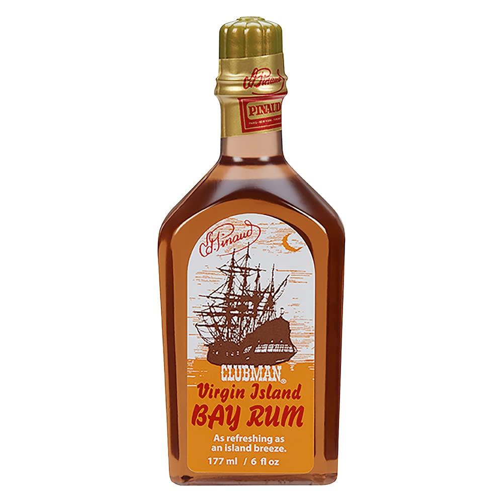Clubman bottle front view showing classic packaging and recognizable barbershop scent benefit