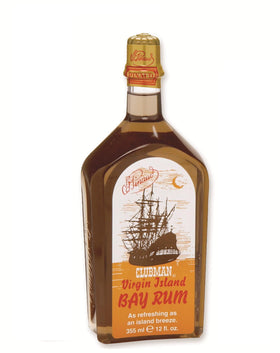 Clubman bottle front view showing classic bay rum fragrance and refreshing benefit