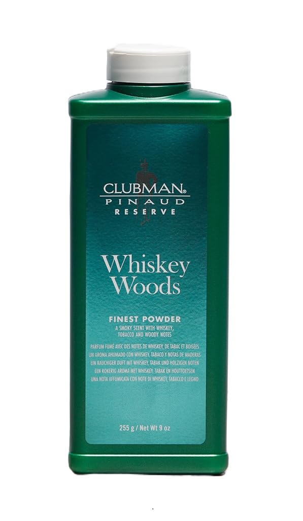 Clubman Whiskey Woods front packaging showing scent and size benefits