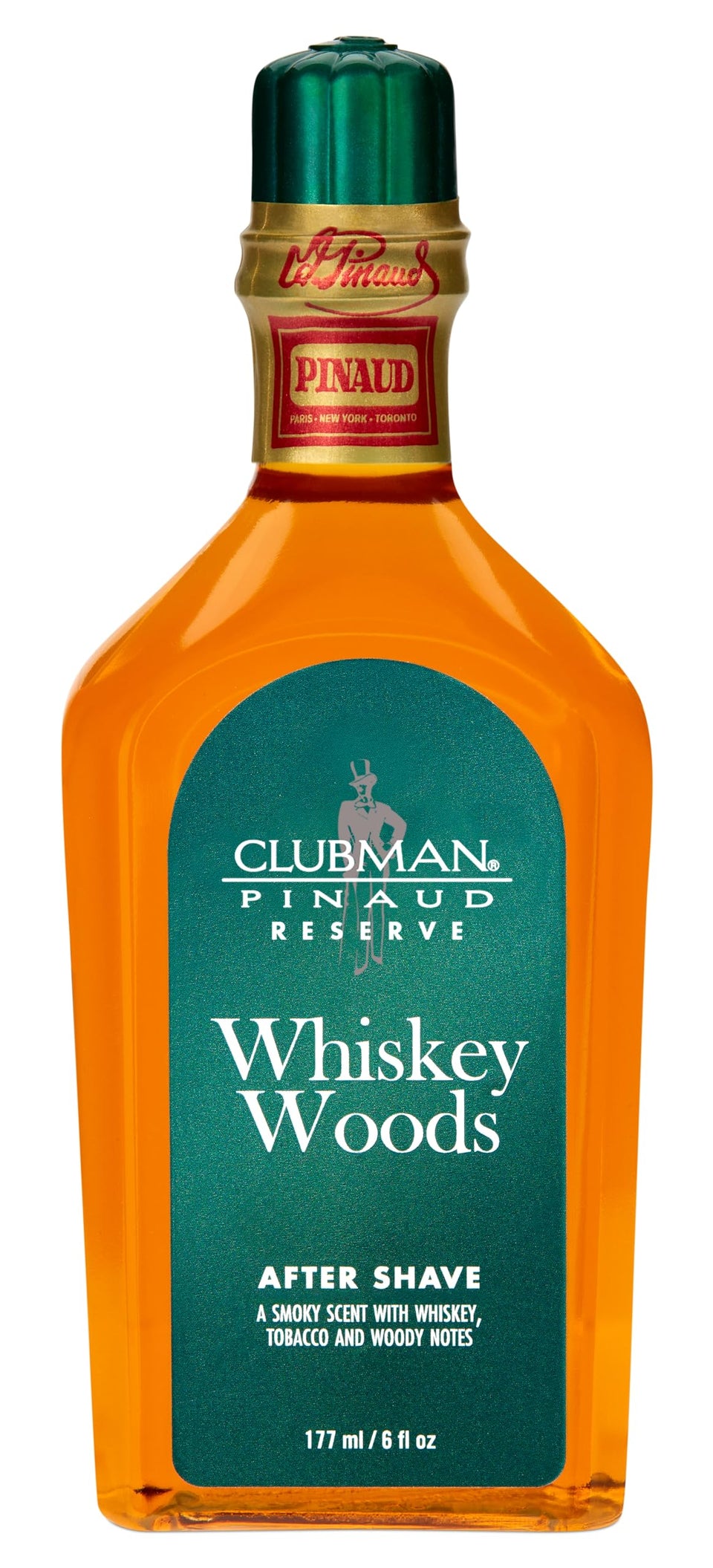 Clubman bottle front view showing Whiskey Woods scent and easy grip