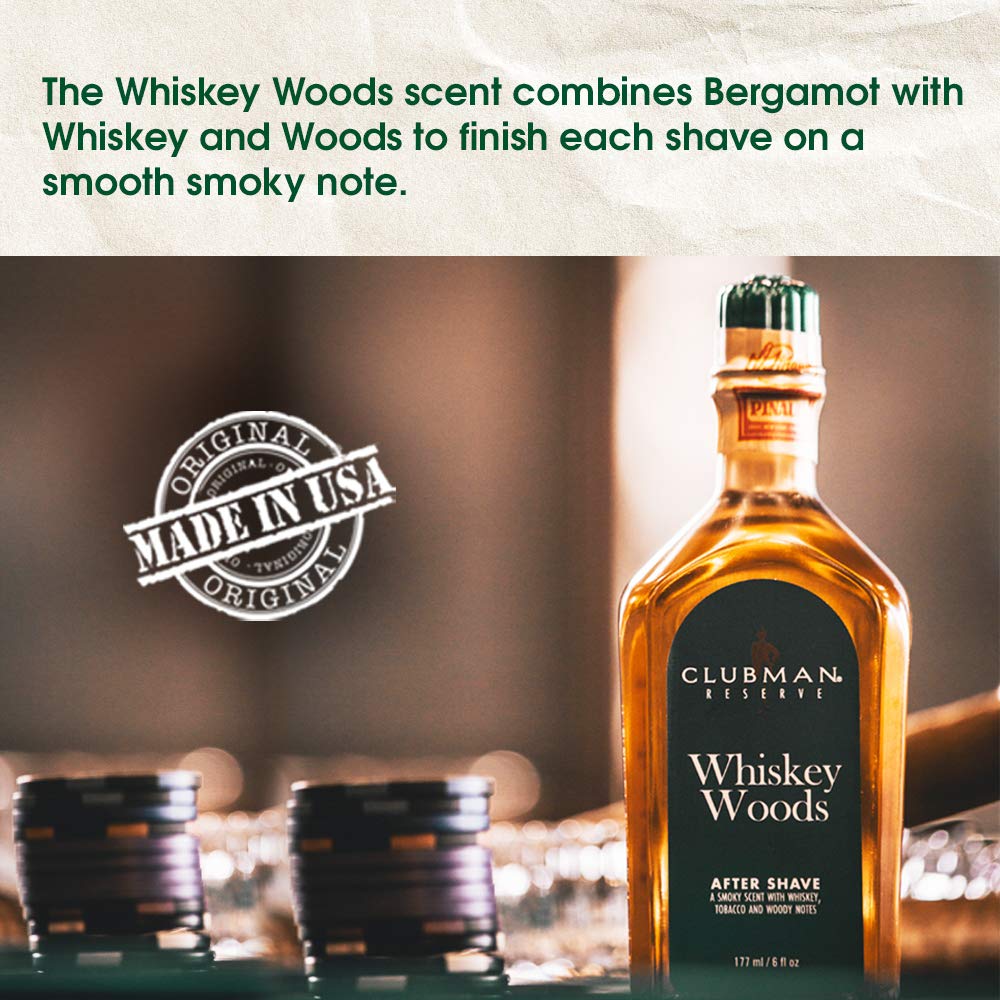 Clubman label detail reading Reserve Whiskey Woods for scent clarity