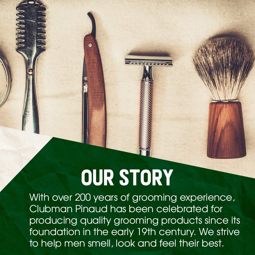 Clubman placed beside a razor to show grooming routine pairing