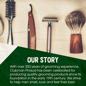 Clubman placed beside a razor to show grooming routine pairing