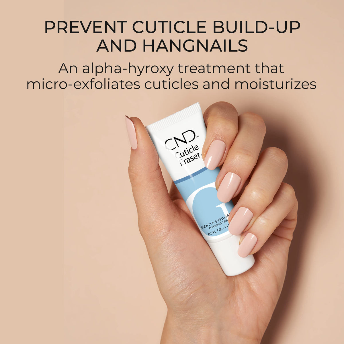 CND cuticle eraser applied to nail edge demonstrating gentle exfoliation and softer cuticles