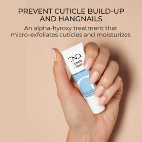 CND cuticle eraser applied to nail edge demonstrating gentle exfoliation and softer cuticles