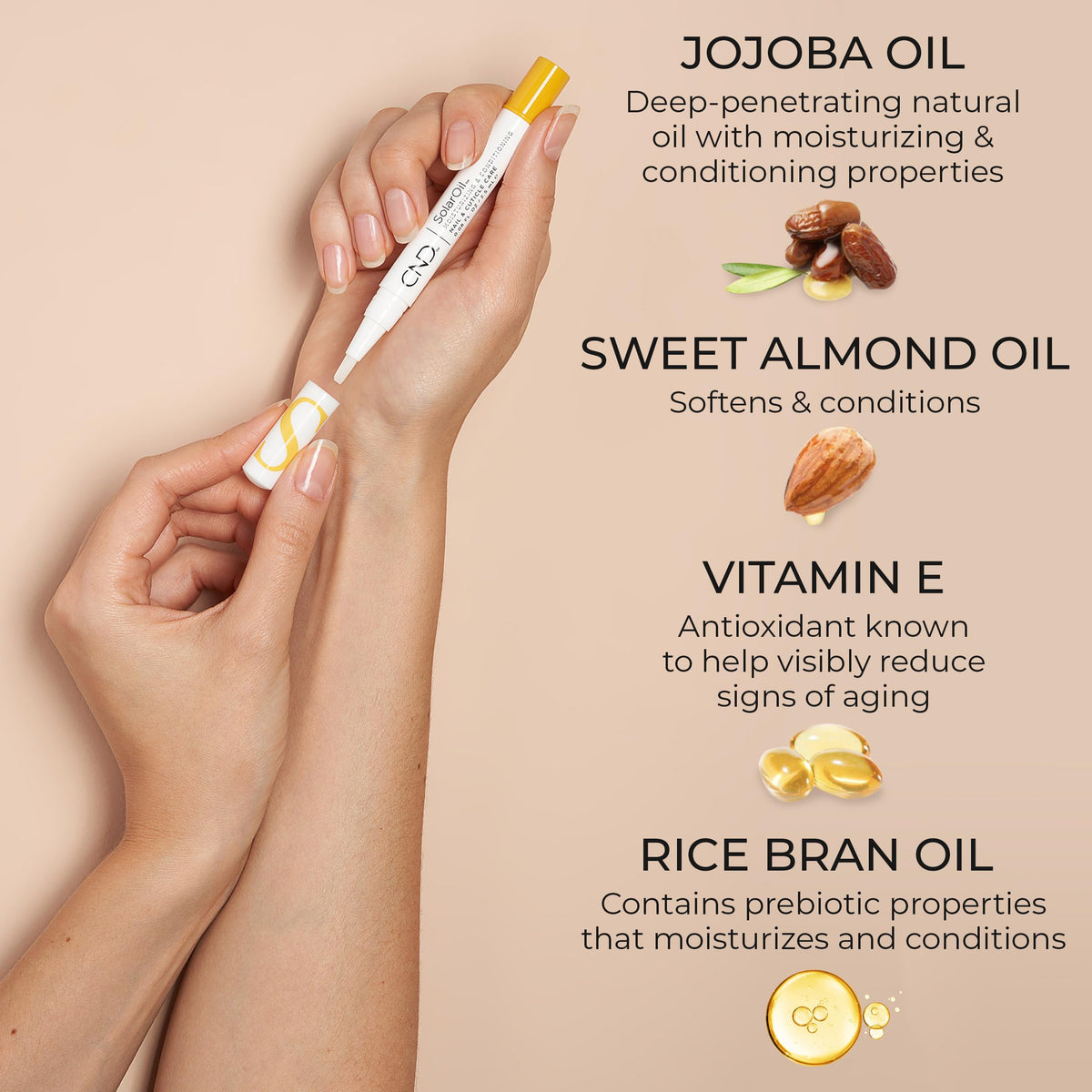 CND SolarOil applied to cuticle demonstrating quick absorption benefit