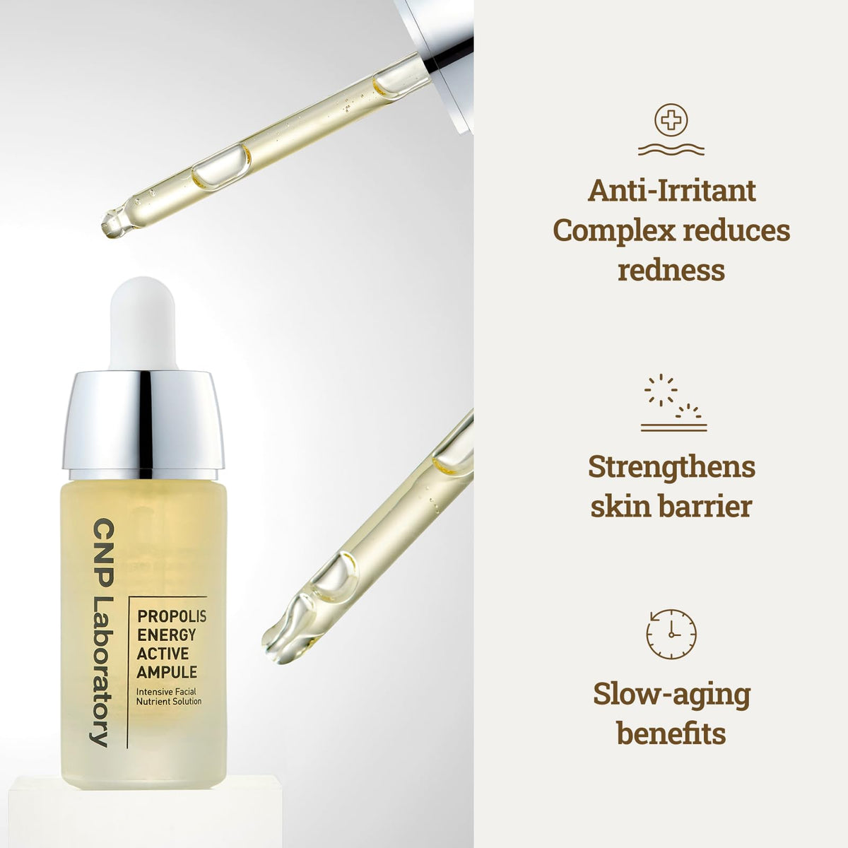 zoom on CNP Honey Glow ingredients label highlighting propolis and hyaluronic acid benefits