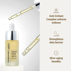 zoom on CNP Honey Glow ingredients label highlighting propolis and hyaluronic acid benefits
