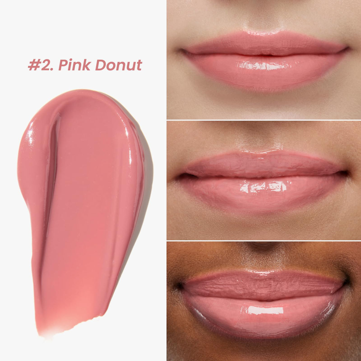 CNP lip swatch on model illustrating 02 Pink Donut rosy tint and luminous shine
