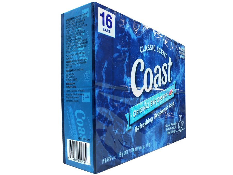 Coast front packaging shows 16-bar bulk pack and easy storage benefit