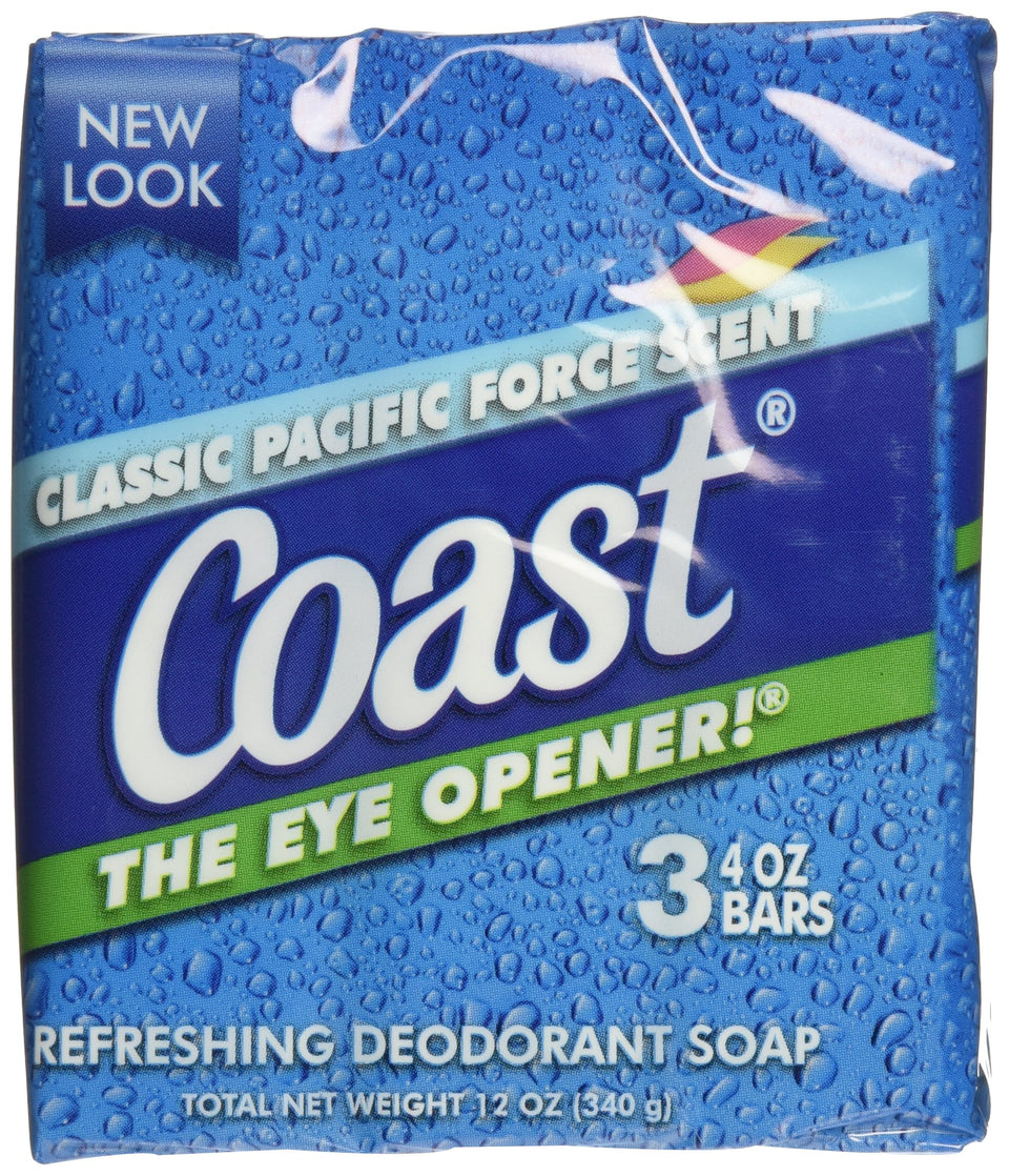 Coast bar front packaging showing three-pack and easy storage benefit