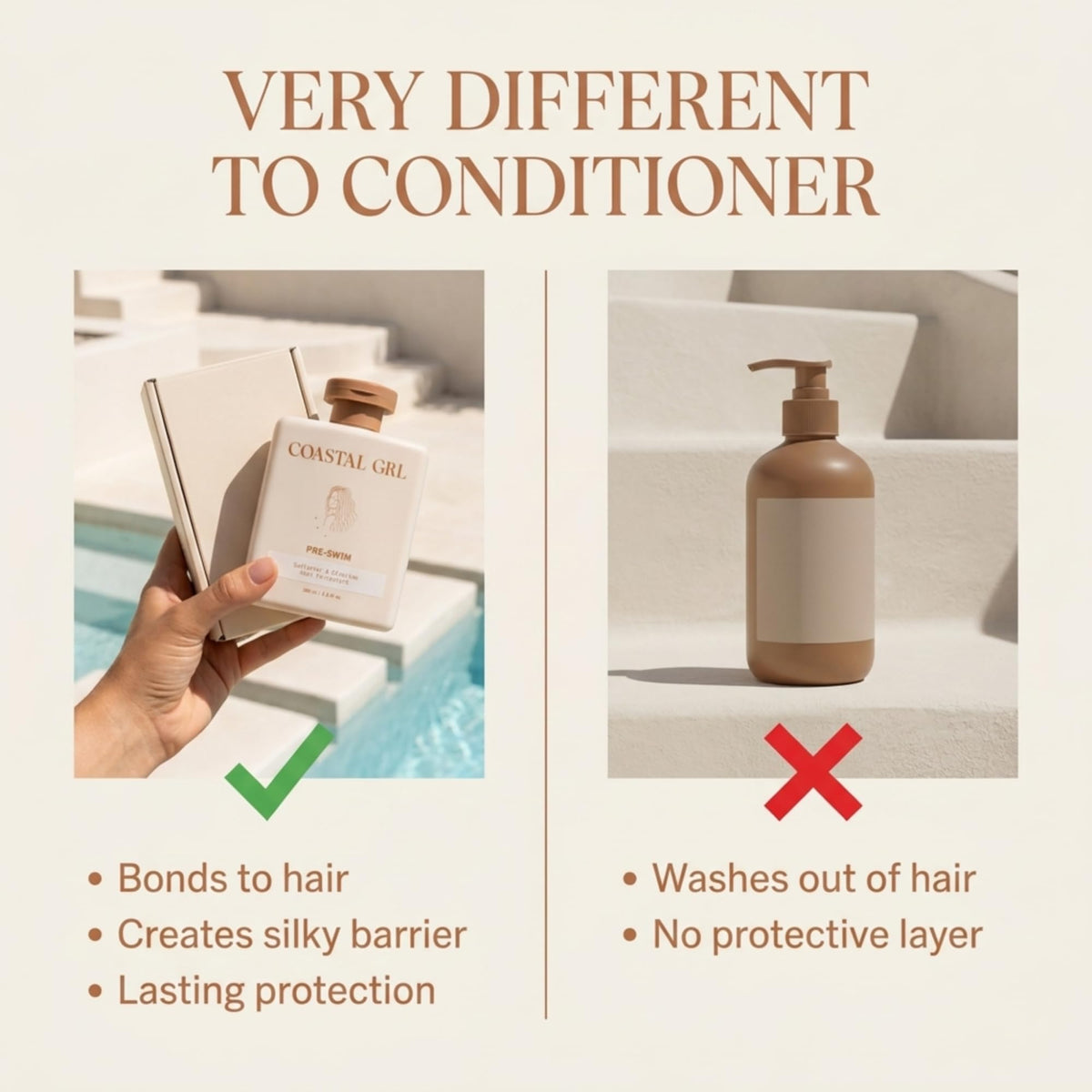 coastal grl applying product to hair before swim benefit reduces chlorine damage