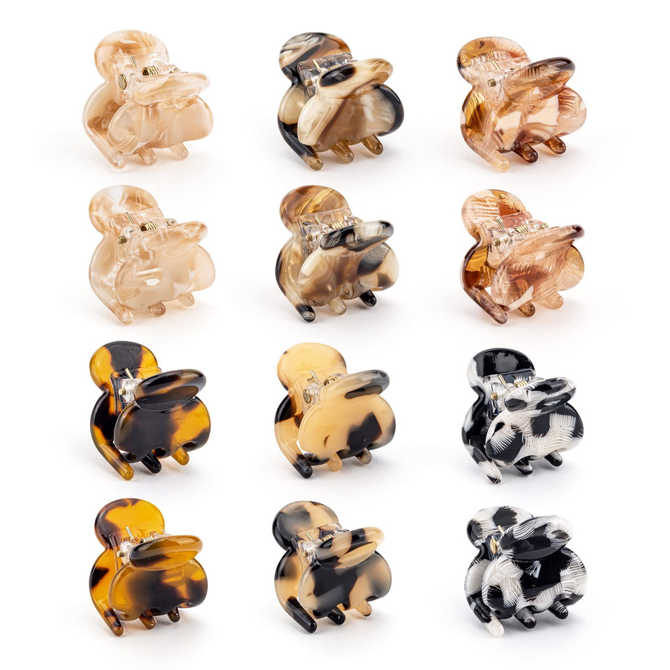 Cobahom front view of 12-piece mini claw clips showing colors and compact packaging, easy styling