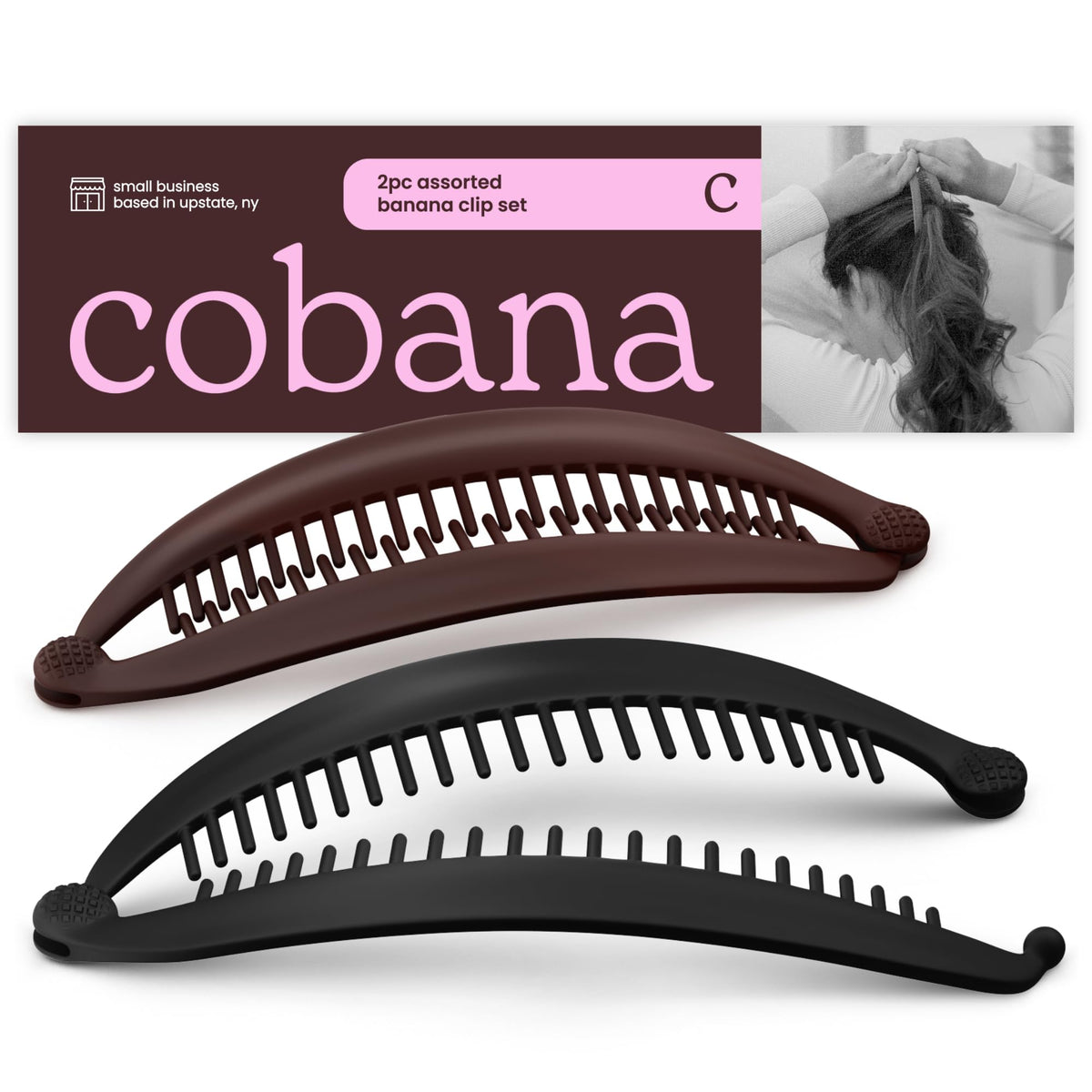 Cobana front view of the banana clip showing sleek finish and easy grab benefit